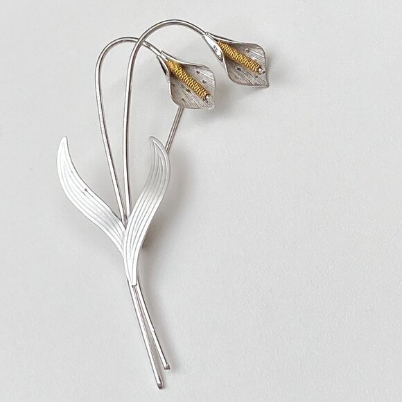 Large 3” 925 Sterling Silver CALA LILY BROOCH. Vintage Art Nouveau style, Signed - Picture 1 of 8